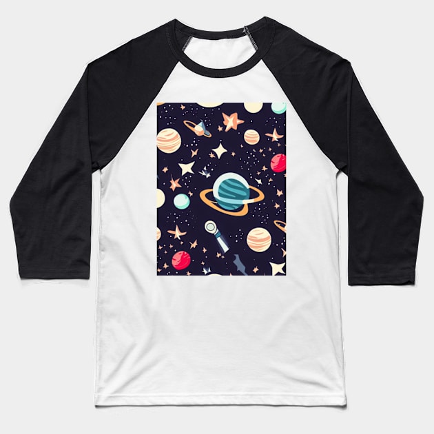A space-themed pattern featuring stars, planets, and other cosmic elements. Baseball T-Shirt by maricetak